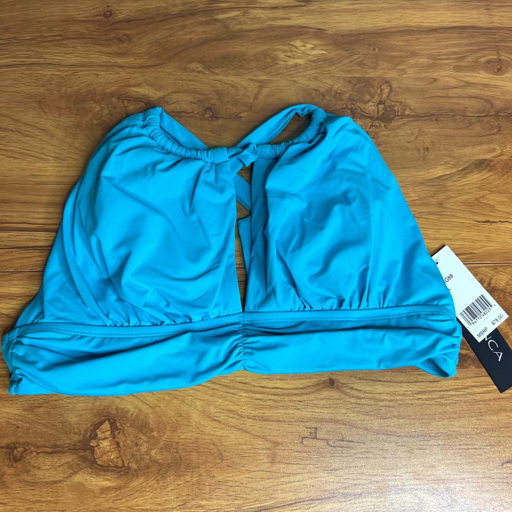 La Blanca Island Goddess Bikini Top 8 Blue High Neck Halter Ruched LB2IG88 NWT - Picture 3 of 6